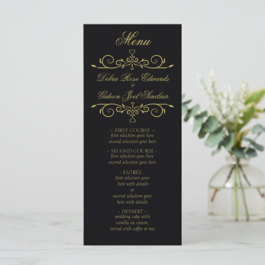 Elegant Zwart en Goud Hart Bloeien Bruiloft Menu (Staand voorkant)