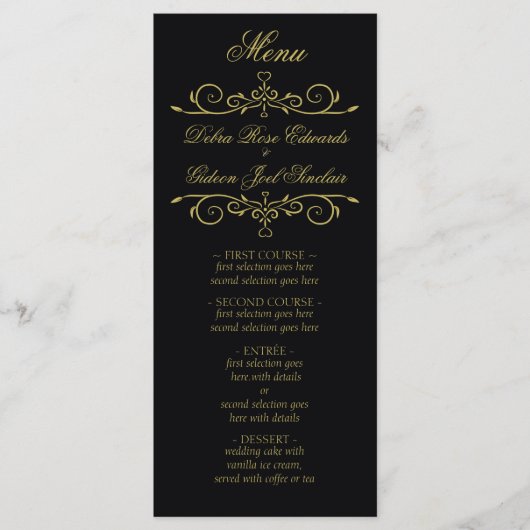 Elegant Zwart en Goud Hart Bloeien Bruiloft Menu (Voorkant)