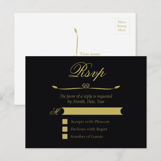 Elegant zwart en goud hart bloeien RSVP Uitnodiging Briefkaart (Voorkant / Achterkant)