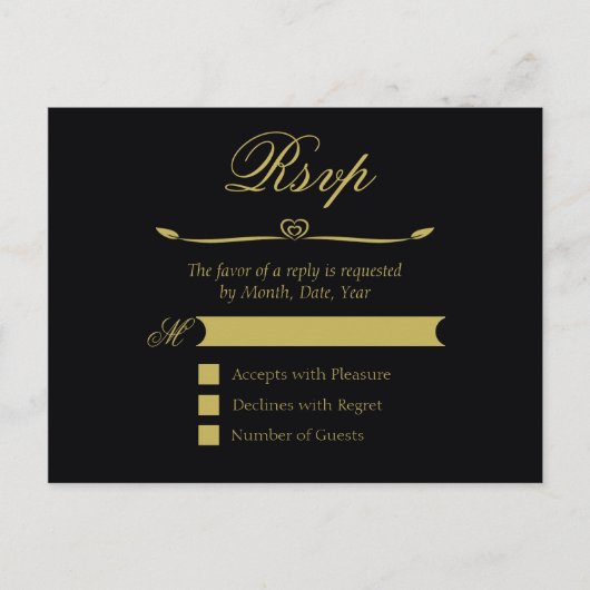 Elegant zwart en goud hart bloeien RSVP Uitnodiging Briefkaart (Voorkant)