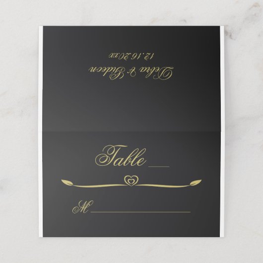 Elegant Zwart en Goud Hart Bloeiende Bruiloft Plaatskaartje (Buitenkant ongevouwen)