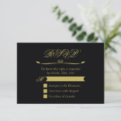Elegant Zwart en Goud Hart Bloeiende Bruiloft RSVP Kaartje (Staand voorkant)