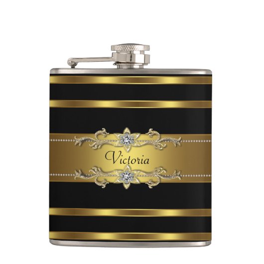 Elegant Zwart en Goud Heupfles (Voorkant)