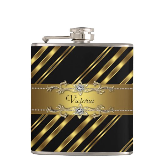 Elegant Zwart en Goud Heupfles (Voorkant)