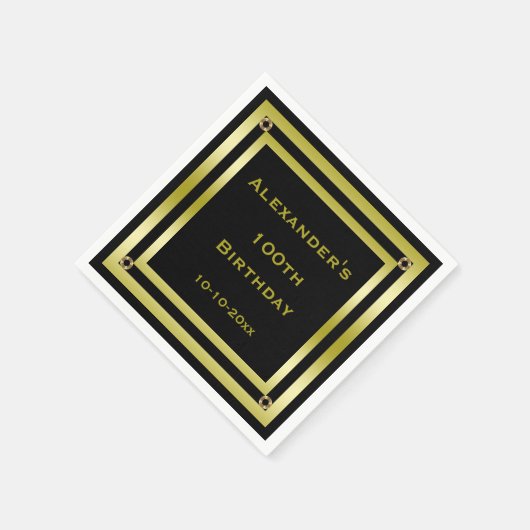 Elegant zwart en goud ingelijst Man 100e verjaarda Servetten (Hoek)