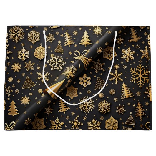 Elegant zwart en goud kerstcadeau groot cadeauzakje (Voorkant)