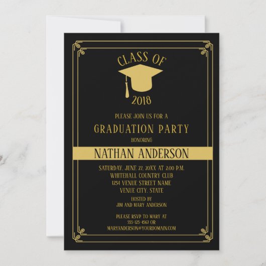 Elegant zwart en goud Lijst Graduation Party | Kaart (Voorkant)