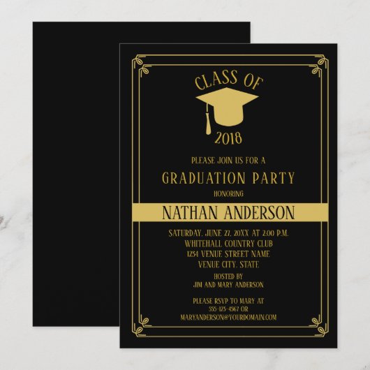 Elegant zwart en goud Lijst Graduation Party | Kaart (Voorkant / Achterkant)