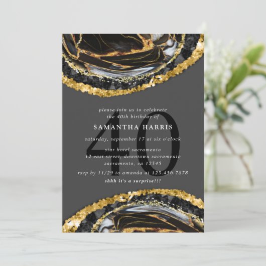 Elegant zwart en goud marmer 40e verjaardagsfeest kaart (Staand voorkant)