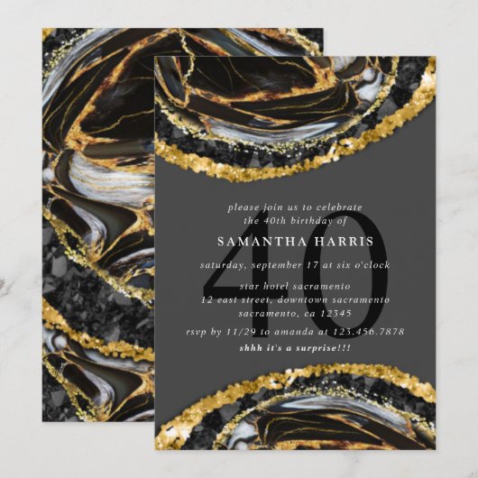 Elegant zwart en goud marmer 40e verjaardagsfeest kaart (Voorkant / Achterkant)