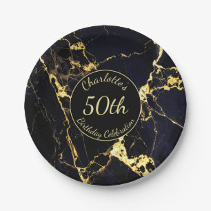 Elegant zwart en goud marmer 50e verjaardag papieren bordje