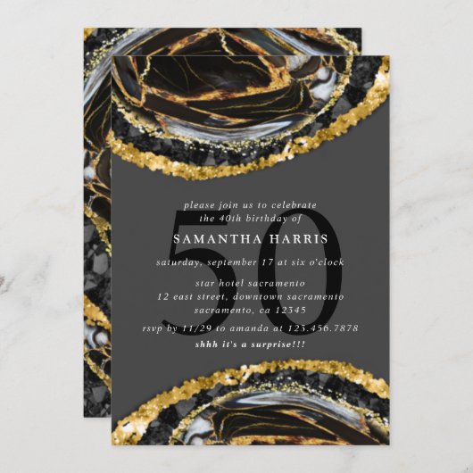 Elegant zwart en goud marmer 50ste verjaardagsfees kaart (Voorkant / Achterkant)