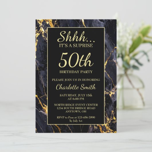 Elegant zwart en goud marmer 50ste verjaardagsfees kaart (Staand voorkant)