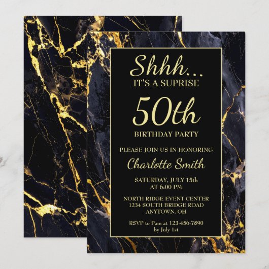 Elegant zwart en goud marmer 50ste verjaardagsfees kaart (Voorkant / Achterkant)