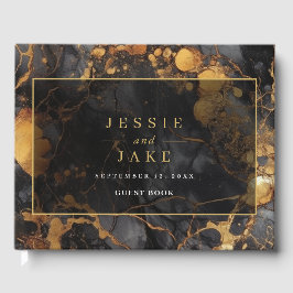 Elegant zwart en goud marmeren bruiloft gastenboek