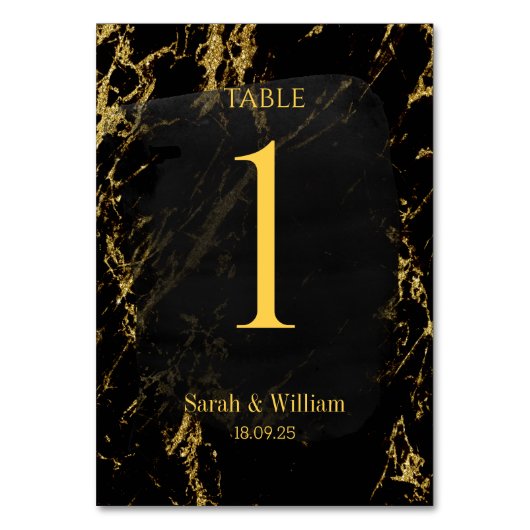 Elegant zwart en goud marmeren trouwtafel nummer kaart (Voorkant)