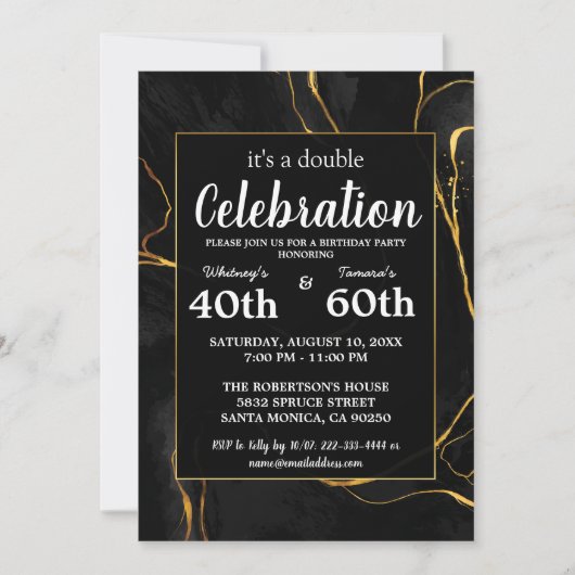 Elegant zwart en goud marmeren verjaardagsfeest kaart (Voorkant)
