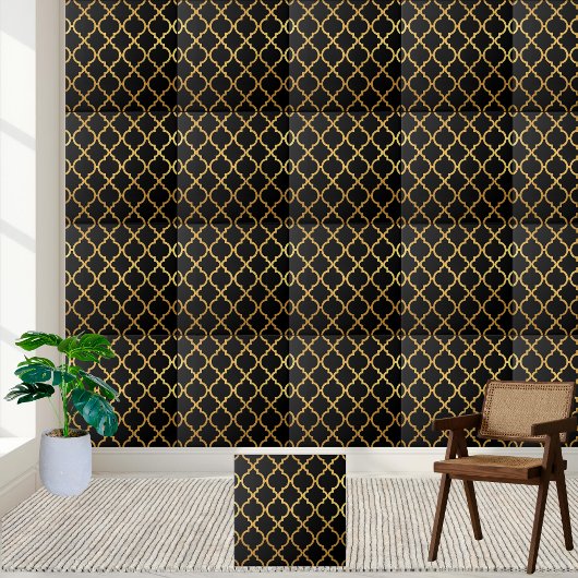 Elegant zwart en goud Marokkaans trellis patroon Tegeltje