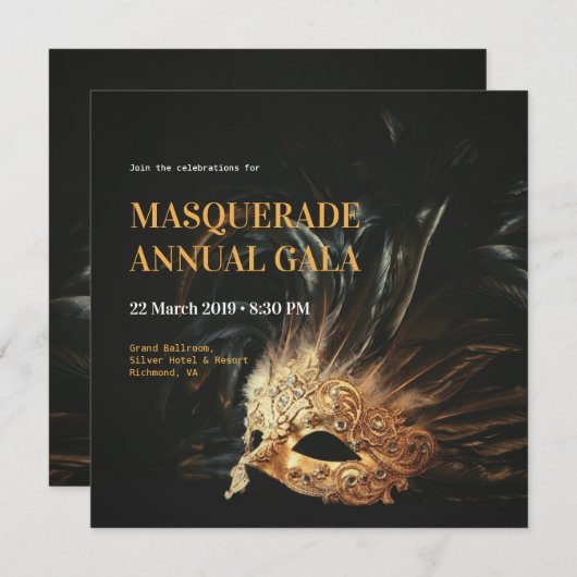 Elegant Zwart en Goud Masquerade Gala Uitnodiging (Voorkant / Achterkant)