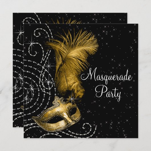 Elegant zwart en goud Masquerade Party Kaart (Voorkant / Achterkant)