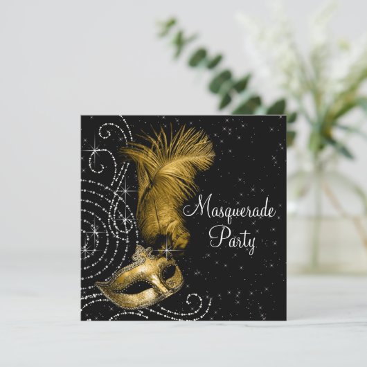 Elegant zwart en goud Masquerade Party Kaart (Staand voorkant)