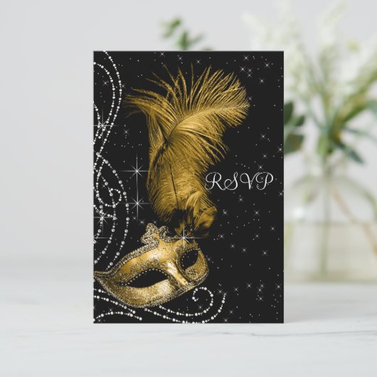Elegant zwart en goud Masquerade Party RSVP (Staand voorkant)