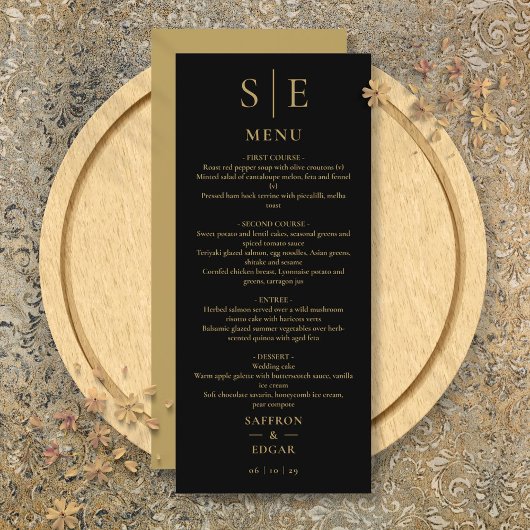 Elegant zwart en goud monogram bruiloft diner menu