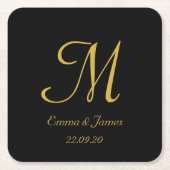 Elegant Zwart en Goud Monogram Bruiloft Kartonnen Onderzetters (Voorkant)