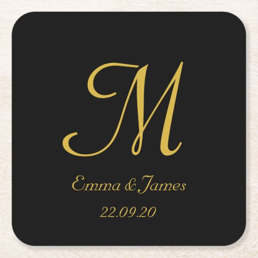 Elegant Zwart en Goud Monogram Bruiloft Kartonnen Onderzetters (Voorkant)