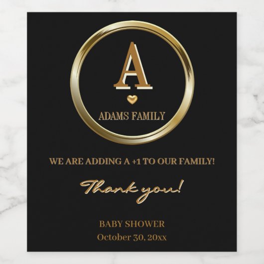 Elegant zwart en goud monogram familie Baby shower Wijn Etiket (Enkel label)