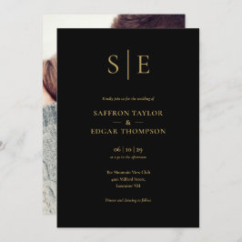 Elegant zwart en goud monogram foto bruiloft kaart