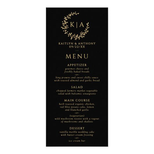 Elegant zwart en goud monogram krans bruiloft menu (Voorkant)