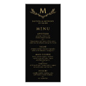 Elegant zwart en goud monogram krans bruiloft menu (Voorkant)