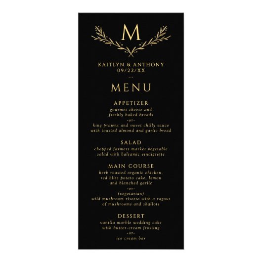Elegant zwart en goud monogram krans bruiloft menu (Voorkant)