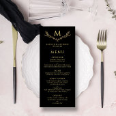 Elegant zwart en goud monogram krans bruiloft menu