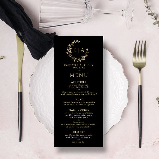 Elegant zwart en goud monogram krans bruiloft menu