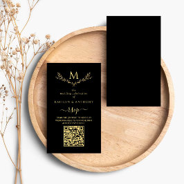 Elegant zwart en goud monogram krans bruiloft RSVP Informatiekaartje