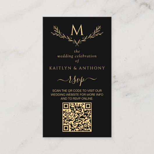 Elegant zwart en goud monogram krans bruiloft RSVP Informatiekaartje (Voorkant)