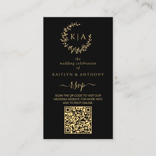 Elegant zwart en goud monogram krans bruiloft RSVP Informatiekaartje (Voorkant)