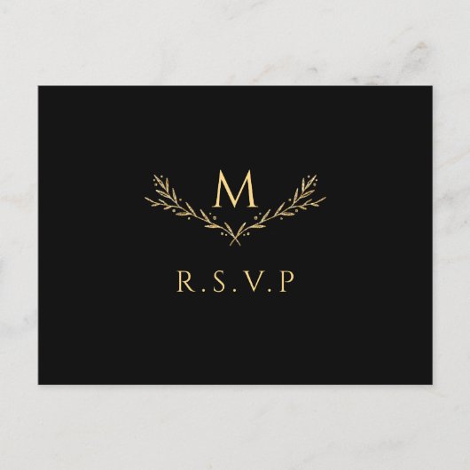 Elegant zwart en goud monogram krans bruiloft RSVP Uitnodiging Briefkaart (Voorkant)