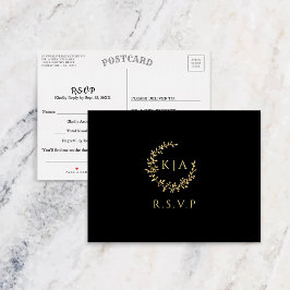 Elegant zwart en goud monogram krans bruiloft RSVP Uitnodiging Briefkaart
