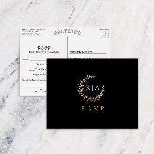 Elegant zwart en goud monogram krans bruiloft RSVP Uitnodiging Briefkaart