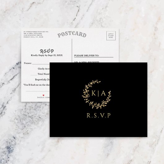 Elegant zwart en goud monogram krans bruiloft RSVP Uitnodiging Briefkaart