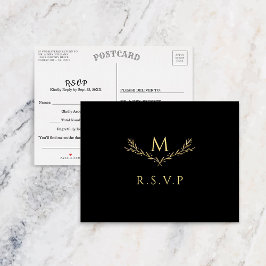 Elegant zwart en goud monogram krans bruiloft RSVP Uitnodiging Briefkaart