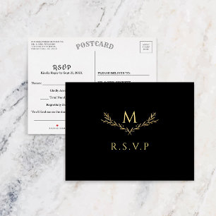 Elegant zwart en goud monogram krans bruiloft RSVP Uitnodiging Briefkaart