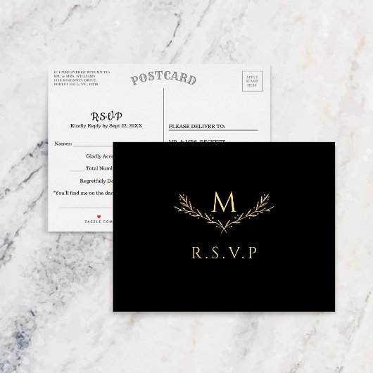Elegant zwart en goud monogram krans bruiloft RSVP Uitnodiging Briefkaart