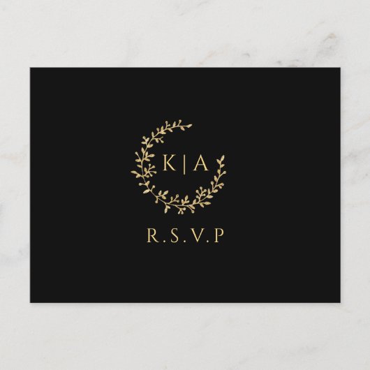 Elegant zwart en goud monogram krans bruiloft RSVP Uitnodiging Briefkaart (Voorkant)
