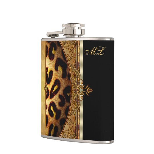 Elegant zwart en goud monogram luipaard heupfles (Links)