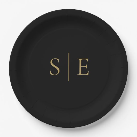 Elegant zwart en goud monogram minimalistisch papieren bordje (Voorkant)
