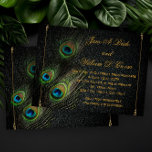 Elegant Zwart en Goud Peacock Bruiloft Kaart<br><div class="desc">Mooie pauwenveren met smaragdgroen,  pauwenblauw en gouden bruiloft uitnodigingen. Deze elegante zwarte en gouden pauw bruiloft uitnodiging is gemakkelijk aangepast voor uw evenement. U kunt het afbeelding op de achtergrond aan de achterkant verwijderen als u uw eigen achtergrondkleur wilt kiezen,  zoals zwart.</div>